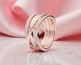 Intertwining Rows Ring for Her, Rose Gold Ring for Women, Crystal Band Ring Jewellery Gift for Her, Layered Statement Ring Gift for Her