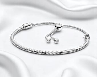 Pulsera de cadena de serpiente de plata sencilla, delicada pulsera de cadena deslizante de plata, regalo para esposa, pulsera de cadena de circonita cúbica, bonito regalo para mujer.
