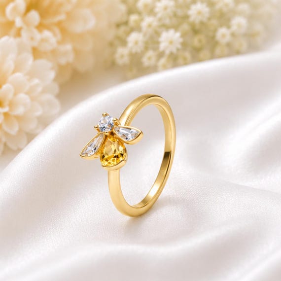 Honey Bee Ring for Women, Gold Bee Ring with Crystal Details, Nature Inspired Jewellery Gift for Her, Gold Stacking Jewellery for Her