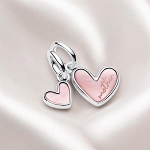 Rosa Perlmutt Silber Herz Anhänger, Herz Armband Charme, Mutter Tochter Herz Anhänger, passt auf Pandora Armband, Geschenk für Mama