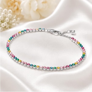 Pulsera de tenis arcoíris, joyería multicolor, pulsera de plata de ley, pulsera de cristal de colores para mujer, joyería arcoíris para ella