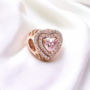 Colgante de corazón rosa brillante, elegante dije de corazón de oro rosa, dije pavé, compatible con pulsera Pandora, joyería de corazón, regalo para ella
