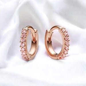 Delicate Huggie Hoop Earring For Women, Small Pink Earring Jewellery Gift, Sparkling Rose Gold Earrings With Pink Stone, Gift For Girlfriend