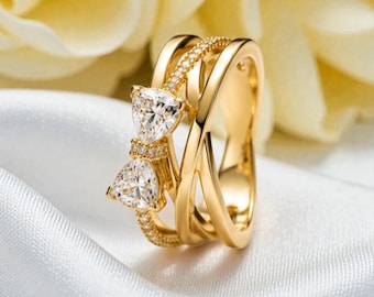 Crossover Band Ring with Bow, Gold Bow Ring for Women, Layered Band Ring Jewellery, Clear Stone Ring, Aesthetic Bow Jewellery Gift for Her