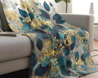Teal and Gold Throw Blanket, Art Nouveau Botanical, Velveteen or Flannel Fleece