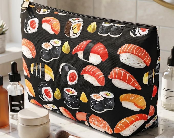 Sushi Makeup Bag, Japanese Food Cosmetic Pouch, Travel Toiletry Bag, Foodie Zipper Accessory Case