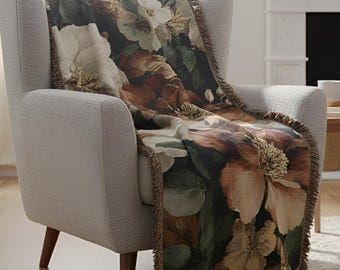 Botanisk vävd bomullsfilt, vintage blommig pläd i cottagecore, mörk Academia-gobeläng med fransad kant