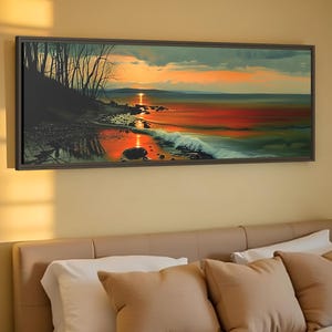 Autumn Lakeshore Sunset Framed Canvas Art: Scenic Panoramic Print