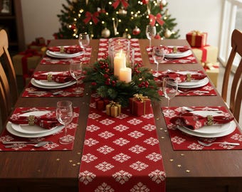 Red and White Scandinavian Snowflake Table Runner, Placemats and Matching Napkin Sets