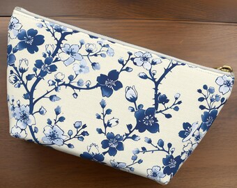 Cherry Blossom Makeup Bag, Blue Sakura Cosmetic Pouch, Japanese Floral Travel Organizer