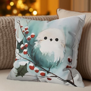 Cute Winter Bird Pillow Cover, Holiday Decor, Christmas Pillowcase, Festive Throw Pillow, Holly Berries Polyester Cushion Sham, 14  to 20 in