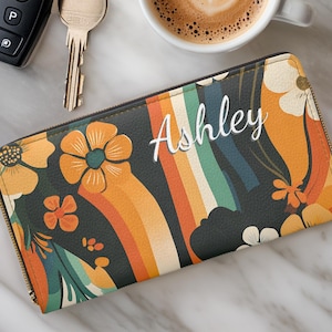 Cartera personalizada con diseño floral bohemio retro y funda para chequera / Cartera vegana de piel sintética con cremallera y detalles dorados / Idea de regalo para mujeres a la moda