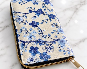 Cherry Blossom Zip-Around Wallet | Vegan Faux Leather, Gold Zipper, Japanese Sakura Flowers