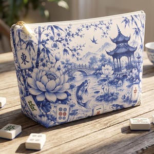 Blue Chinoiserie Mahjong Tile Bag, Lotus Koi Bamboo Travel Pouch, Zipper Makeup Case
