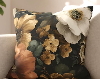 Housse de coussin botanique style Dark Academia, coussin floral vintage à l'ambiance feutrée, décoration Cottagecore