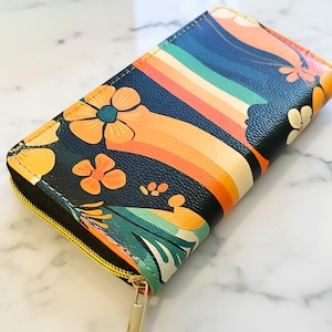 Custom Tropical Floral Long Zip-Around Wallet For Women | Vegan Leather, Gold Zipper