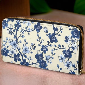 Cartera con cremallera de flor de cerezo / Monedero pequeño de piel sintética vegana / Regalo para amantes del diseño japonés de sakura