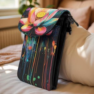 Colorful Lotus Flower Faux Leather Crossbody Phone Wallet | Cute Cell Phone Purse with Card Slots & Zipper Pockets | Fits Large Smartphones