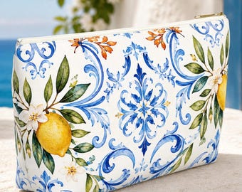 Mediterranean Lemon T-Bottom Toiletry Pouch, Blue Majolica Tile Zipper Cosmetic Bag, Amalfi Coast Makeup holder, Travel Lover Gift