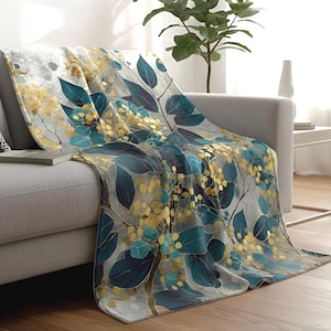 Jeté de canapé botanique Art nouveau bleu canard, polaire flanelle pelucheuse velours