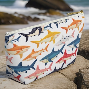 Shark Pattern Travel Makeup Bag: Colorful T-Bottom Cosmetic Pouch