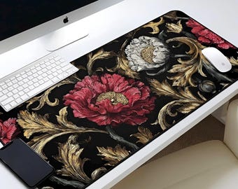 Tappetino da scrivania floreale Art Nouveau, tappetino per mouse botanico vintage rosa, oro e nero, estetica per l'ufficio.