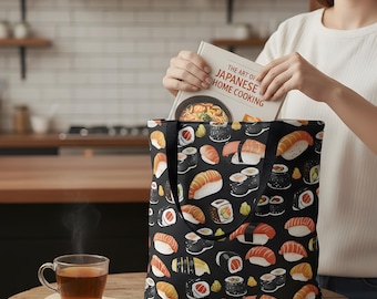 Bolso tote para amantes del sushi: diseño japonés colorido, poliéster duradero.