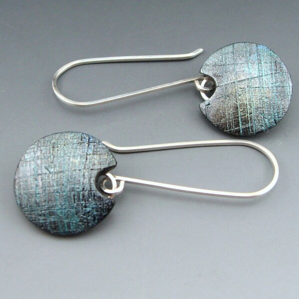 Etched polymer clay earrings in blue patina faux metal on linear french earwires