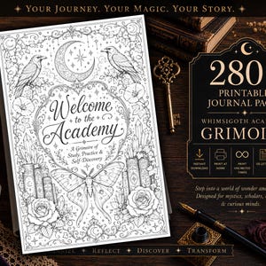 Op de afbeelding: Een witte journal-omslag met de titel Welcome to the Academy, A Grimoire of Study, Practice & Self-Discovery, voorzien van zwarte lijntekeningen van een mot, rozen, boeken en een maansikkel. Daarnaast staat op een zwart bord 280+ Printable Journal Pages.