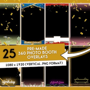 Peut inclure: Un ensemble de 25 superpositions de photomaton 360 pré-conçues au format PNG vertical. Les superpositions présentent divers thèmes, notamment un anniversaire, Mardi Gras et une fête prénatale. Les superpositions mesurent 1080 x 1920 pixels.