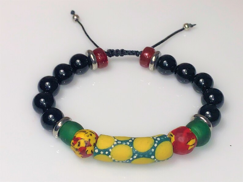 black agate rounds glass Padre beads red Czech rondelles with stainless steel accents Accra Dreams bracelet Krobo beads