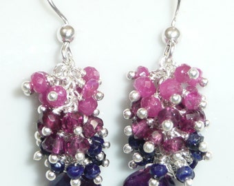 Sugar Plums - mystic kyanite, pink sapphires, rhodolite garnets, blue lapis and sterling silver earrings