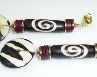 Rhythms & Vybes - Batik bone beads, vinyl heishis, gold plated brass accents, gold filled posts