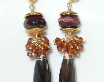 On the Prowl earrings - red tiger's eye, hessonite, smoky quartz, Terracast beadcaps, gold filled posts
