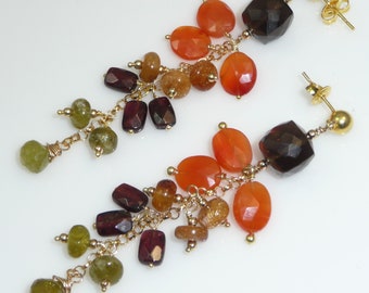 Sequoia earrings - smoky quartz, carnelian, rutilated quartz, red garnet, grossular garnets, gold-filled posts