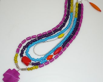 Dream in Color - eclectic multistrand necklace featuring jade, Czech glass, white hearts, resin and sterling silver accents