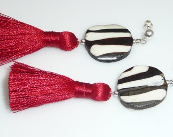 The Wild Ones earrings - Batik bone discs, silky tassels and sterling silver accents