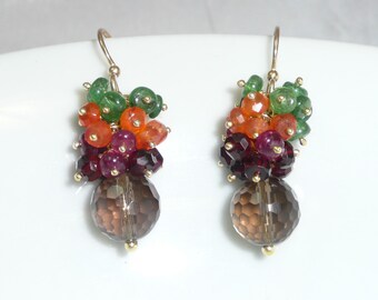 Asante earrings - smoky quartz briolette, red garnet, red spinel, carnelian, chrome diopside, gold-filled earwires