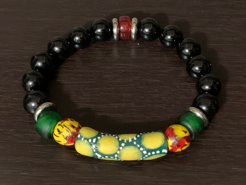 black agate rounds glass Padre beads red Czech rondelles with stainless steel accents Accra Dreams bracelet Krobo beads