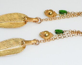 Cheyenne earrings - tribal leaf, vermeil blossom bead, chrome diopside, gold filled posts