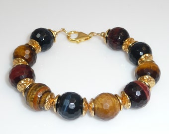 Tigress bracelet - multicolored tiger eye and gold plated brass accents and gold-filled clasp