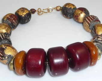 Kandake - Moroccan Berber resin, Buddha beads, Ethiopian Wollo rings, vermeil clasp necklace