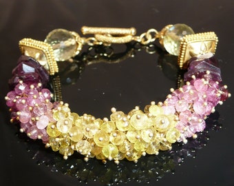 Midsummer's Night bracelet - yellow and shades of pink tourmaline, lemon quartz rounds and vermeil accents