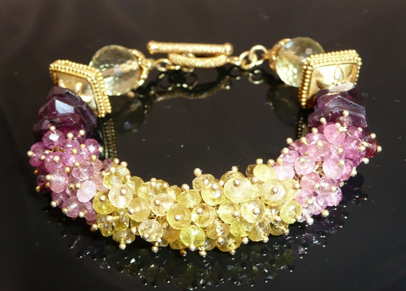 Midsummer's Night bracelet yellow and shades of pink tourmaline, lemon quartz rounds and vermeil accents image 1