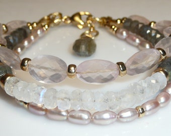 The Scent of a Woman - rose quartz, freshwater pearls, moonstone, labradorite and gold-filled accents bracelet