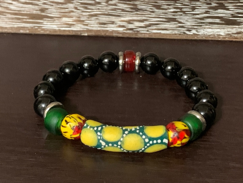 black agate rounds glass Padre beads red Czech rondelles with stainless steel accents Accra Dreams bracelet Krobo beads