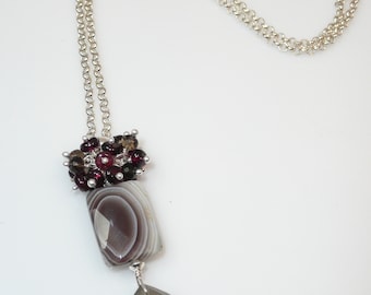 Late Night Cocktails necklace - Botswana agate, red garnet, smoky quartz, gray moonstone, sterling chain/