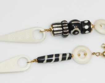 Dare to be Different earrings - bone donuts & pendants, Batik beads, gold plated accents and gold filled posts