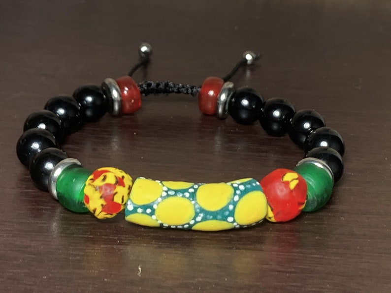 black agate rounds glass Padre beads red Czech rondelles with stainless steel accents Accra Dreams bracelet Krobo beads