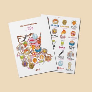 Peut inclure: Deux impressions d'art blanches avec des illustrations colorées d'aliments et de monuments. L'une présente le texte "Mes bonnes adresses du 19e" et une carte avec des icônes. L'autre affiche des noms de restaurants et des icônes.